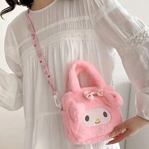 My Melody Plush Crossbody Bag Purse Sanrio Adjustable Strap Fuzzy Hello Kitty
